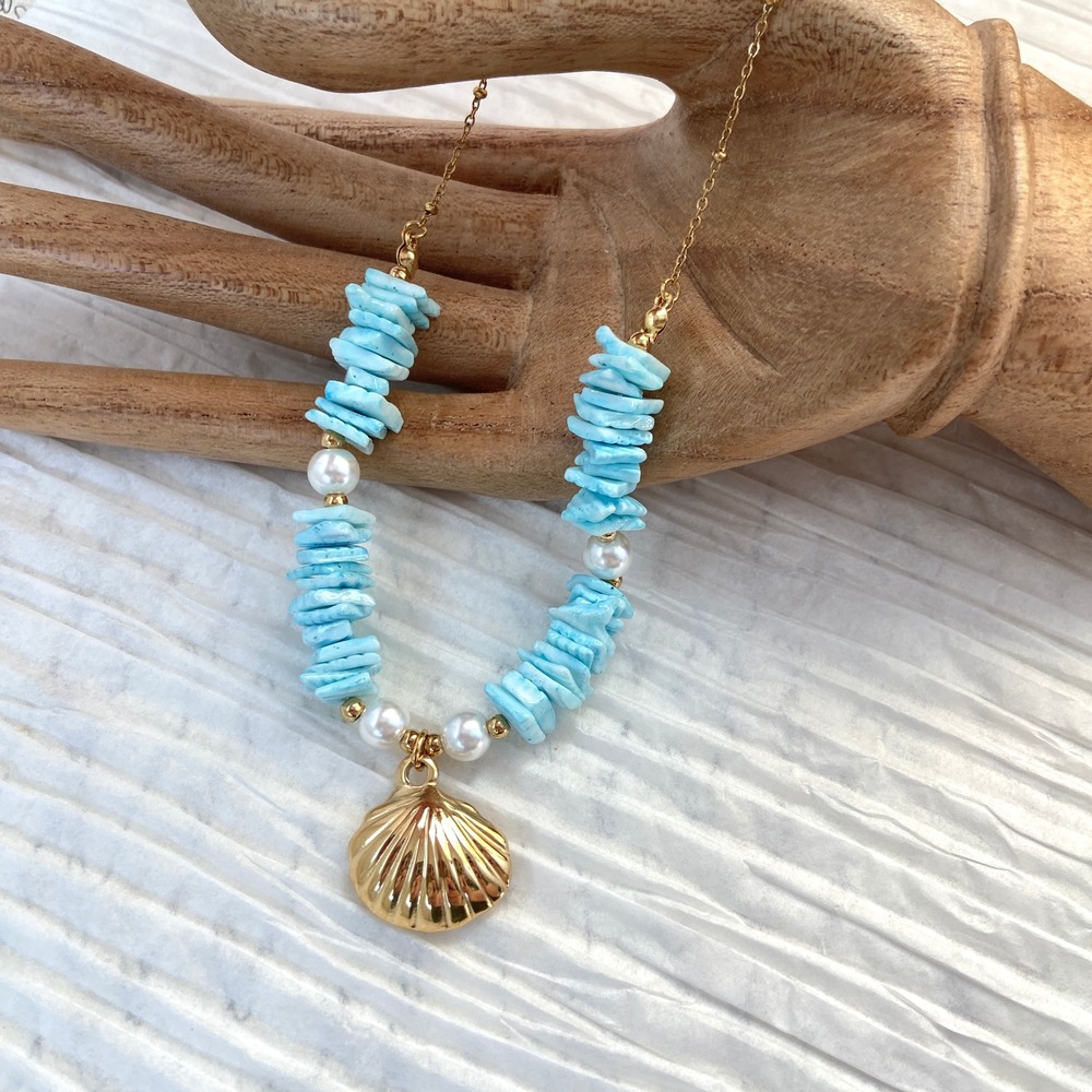 J. Crew Gold Shell Pendant Necklace with Turquoise Beads and Pearls